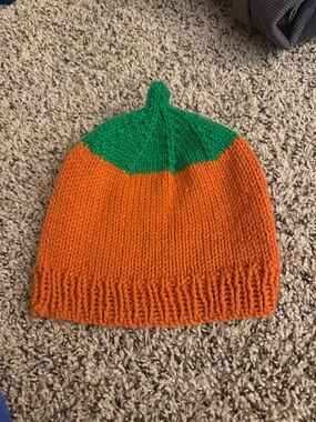 Kids Hand-Knit Orange and Green Pumpkin Beanie Hat 100% Wool